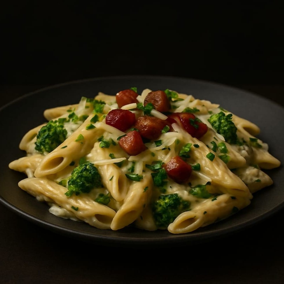Uma explosão de texturas e sabores: Pene ao dente, mergulhado no nosso molho branco cremoso, com cubinhos de bacon, brócolis americano, finalizado com uma camada de mussarela e alho frito dourado para fechar com chave de ouro. Perfeito para quem ama um prato reconfortante, mas com um toque leve e sofisticado.