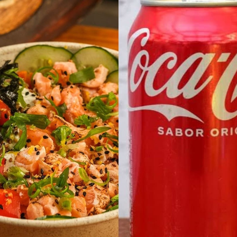 Arroz gohan, salmão maçaricado, koa cream cheese, pepino, tomate, azeite trufado, raspa de limão siciliano, cebolinha, gergelim, e alga nori. Acompanha molho havaiano e com a promo você leva uma coca cola zero ou comum.