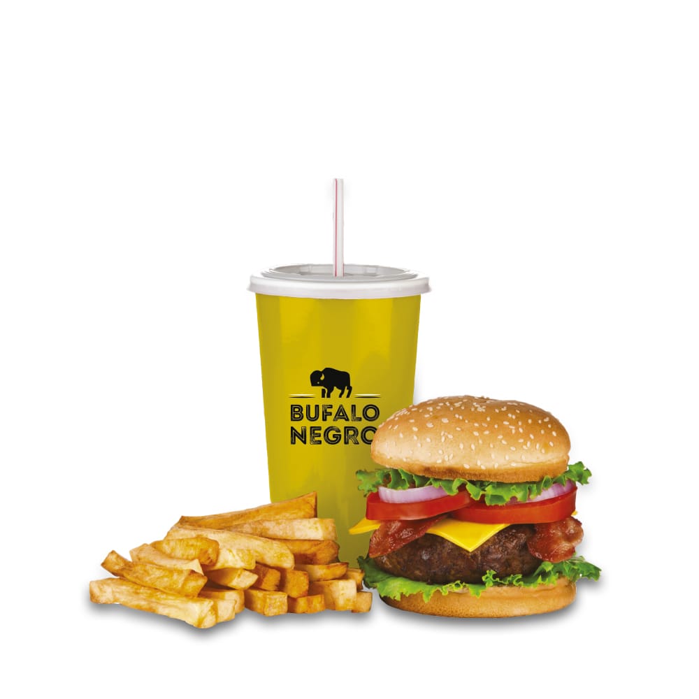 Búfalo 1: Hamburguesa+Papas y Refresco o Agua.