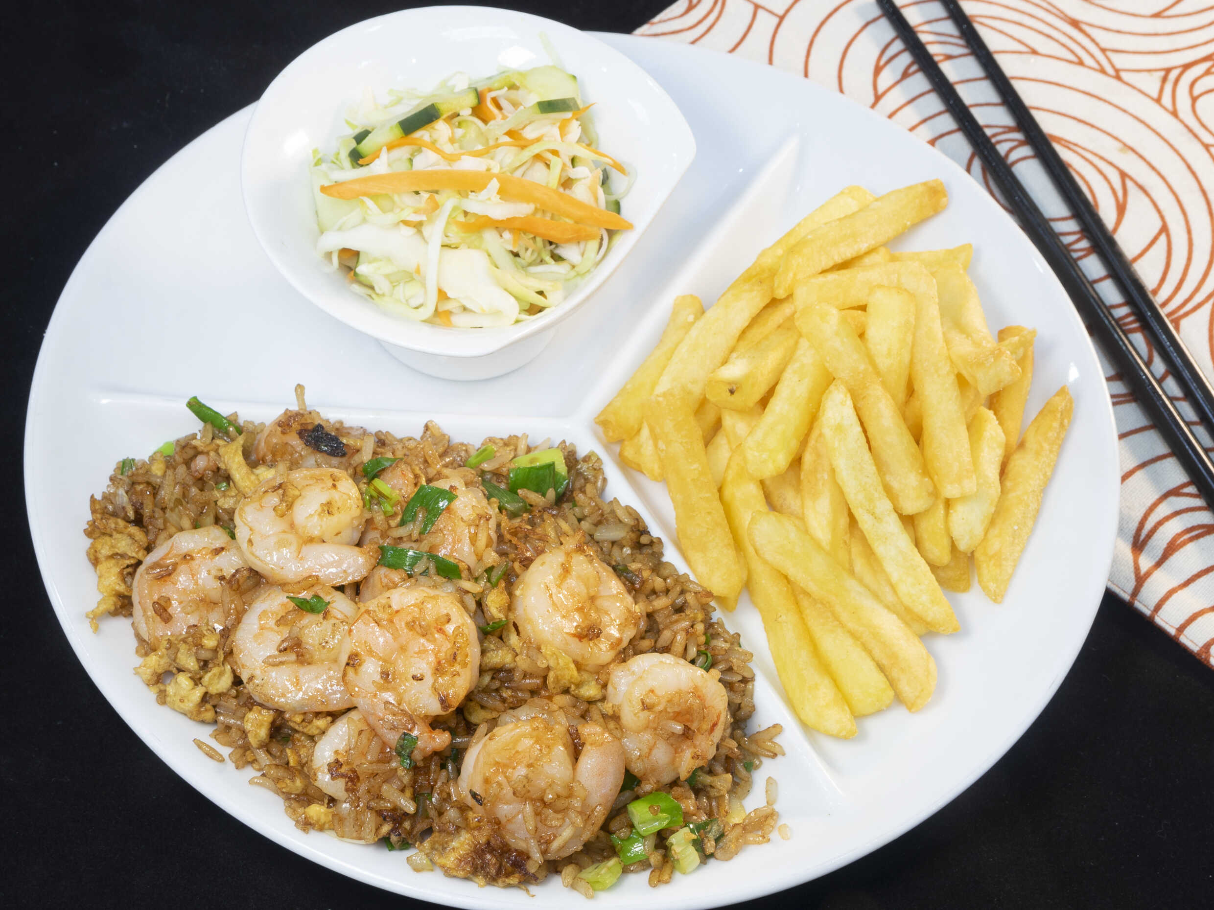E#3 - Camarones con Arroz, Papas Fritas y Ensalada