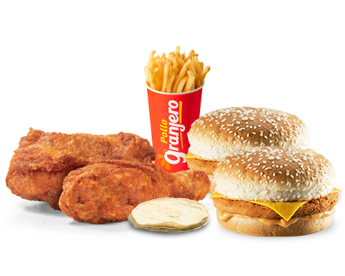 2 Pzas + 1Papa + 2 Hamburguesas Queso + 2 Tortilla