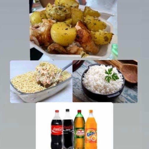 1 delicioso frango assado com batata + farofa + arroz + salpicão + refrigerante