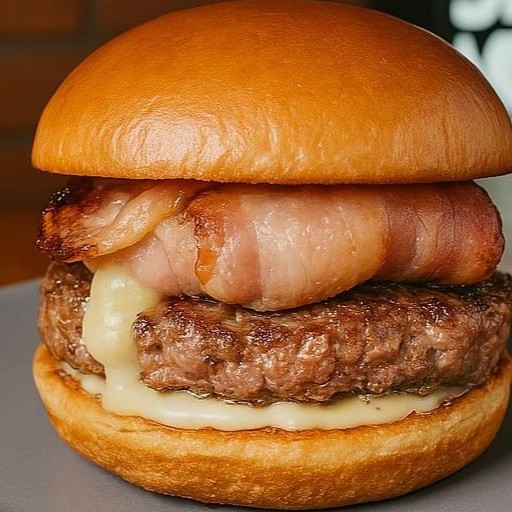 Pão brioche, Blend 160gr, Queijo Mussarela Enrolado nas fatias De Bacon, e Maionese Silver