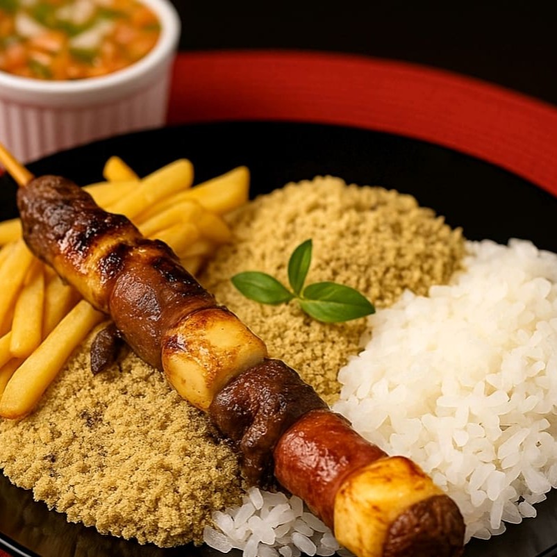 Porção de arroz com farofa, molho a campanha e batata frita acompanha 1 espeto