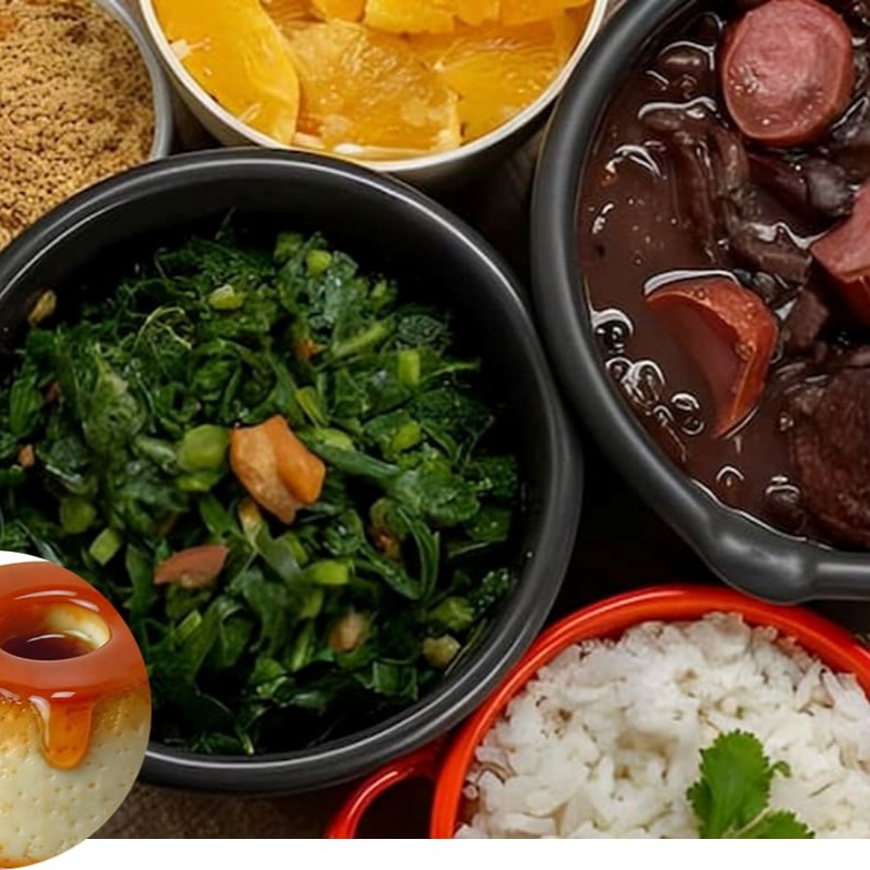 Menu  Festival - Quem resiste a uma boa feijoada? Esse tamanho é ideal pra comer com muita fome ou para dividir com alguém. Tudo em embalagens separadas. ** usamos defumados artesanais, que têm sabor incomparável e não contêm aditivos químicos. 750g de feijoada arroz farofa, couve refogada, laranja, pezinho/orelha defumados opcionais. Serve 2 pessoas. Usamos: linguiças, pezinho/orelha, costelinha salgada e defumada e bacon. Combo namorados Compelta + 2 Mini Pudins Leite Moça