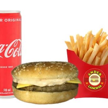 Pão comum, 1 carne, 1 queijo prato e molho especial + Coca cola lata e batata frita.