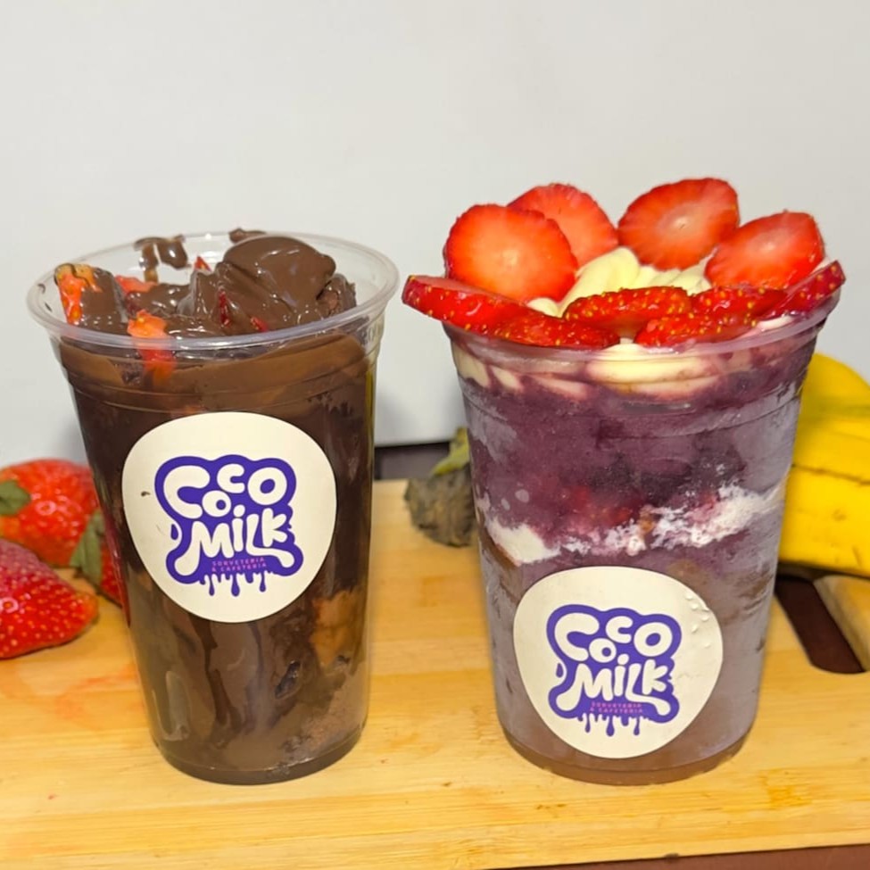 Escolha seus cereais, açaí de 300ml, mais nosso copo de 300ml: uma explosão de sabor com calda de chocolate Cream, brownie cremoso creme de avelã e morangos fresquinhos.