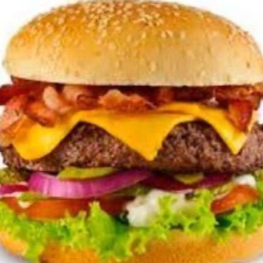 Pão, 1 carne, queijo mussarela, bacon, salada e molho.