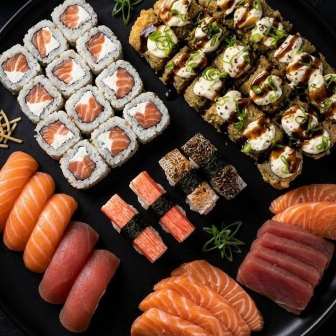 São 24 Hot filadélfia + 24 peças de filadélfia salmão + 4 sushi de salmão + 4 sushi de atum + 4 sushi de kani + 4 sushi de skin + 8 sashimi de salmão + 8 sashimi de atum. ** Foto Ilustrativa **