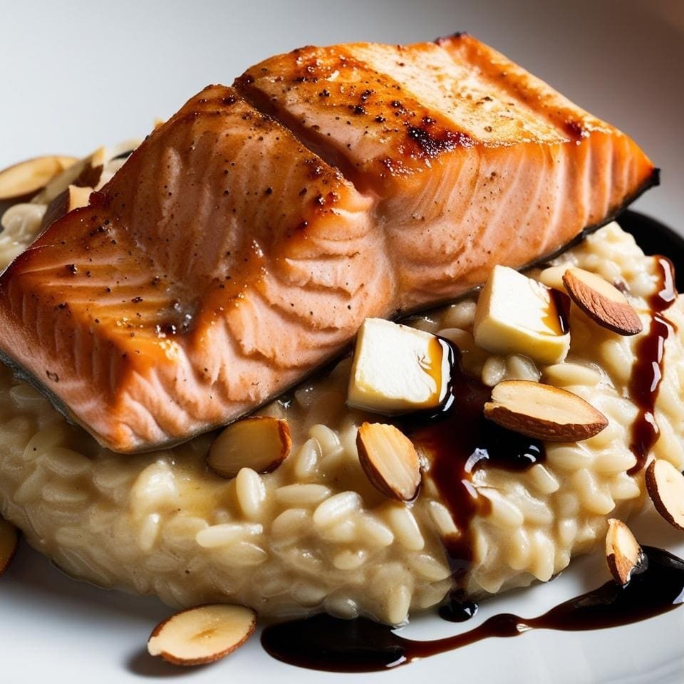 Filé de salmão grelhado no ponto certo, servido com risoto cremoso de queijo brie e amêndoas tostadas. Acompanha redução de balsâmico para um toque agridoce e sofisticado.  Comida Italiana, Massas Artesanais, Culinária Italiana, Penne, Espaguete, Gnocchi, Risoto De Salmão, Polenta Italiana, Frango Parmegiana, Salmão Grelhado, Batata Frita, Coca Cola, Guaraná Antártica, Entrega Gratis.