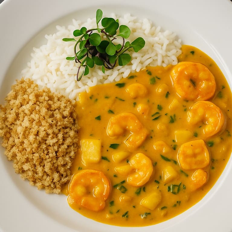 Moqueca de camarão com palmito pupunha, servidos com arroz branco e farofa panko