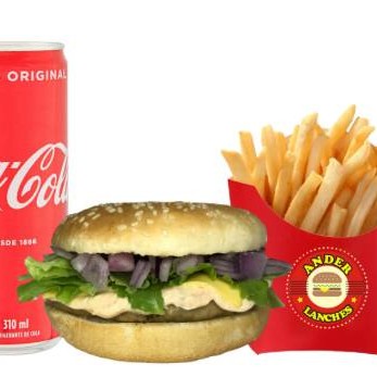 Pão comum, 1 carne, 1 queijo prato, molho especial, alface e cebola + Coca cola lata e batata frita .