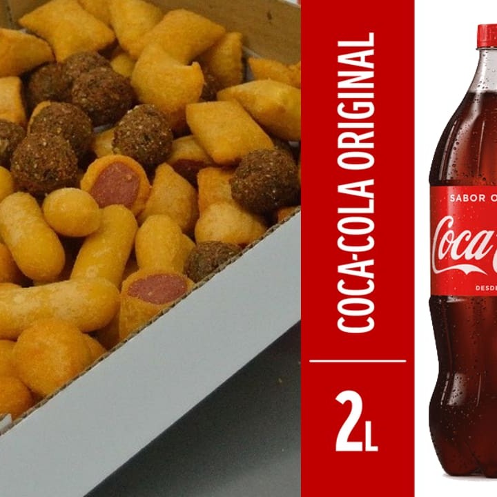 90 unidades de salgados fritos na hora + 1 refrigerante 2 Litros