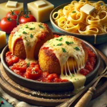 Polpetone recheado com mozzarella, empanado e coberto com molho sugo caseiro e parmesão gratinado, servido com fettuccine al dente.   Comida Italiana, Restaurante Italiano, Massas Artesanais, Culinária Italiana, Massas Frescas, Penne, Espaguete, Gnocchi, Risoto De Salmão, Polenta Italiana, Frango Parmegiana, Salmão Grelhado, Bruschetta Italiana, Batata Frita Crocante, Coca Cola, Guaraná Antártica, Entrega Gratis, Delivery De Massas.