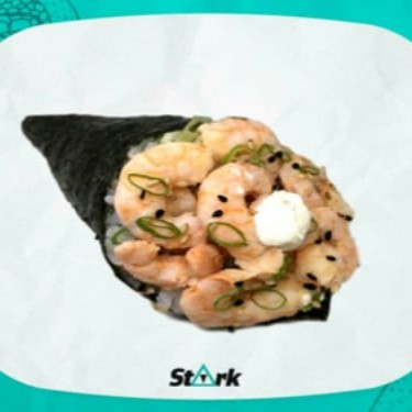 Alga, arroz, camarão, cream cheese, cebolinha e gergelim.