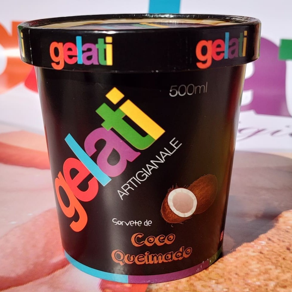 Sorvete artesanal com mescla de deliciosos pedaços de coco queimado