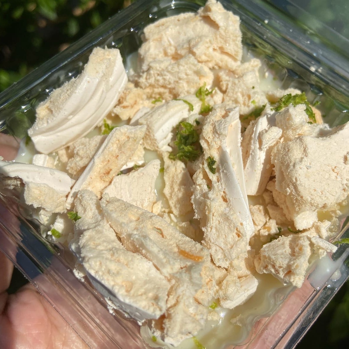 Massa de tartelete quebrada, mousse de limão e suspiro artesanal.