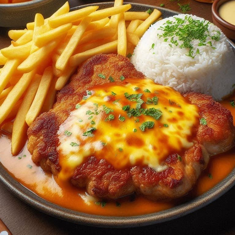 Filé de frango suculento à parmegiana, acompanhado de arroz soltinho e batatas fritas crocantes. Uma verdadeira delícia italiana para você saborear!  Comida Italiana, Massas Artesanais, Culinária Italiana, Penne, Espaguete, Gnocchi, Risoto De Salmão, Polenta Italiana, Frango Parmegiana, Salmão Grelhado, Batata Frita, Coca Cola, Guaraná Antártica, Entrega Gratis.