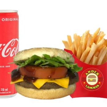 Pão comum, 1 carne de picanha, 2 queijos cheddar, alface, tomate e molho barbecue + Coca cola lata e batata frita.