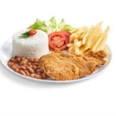 Acompanha: Arroz soltinho, feijão, farofa, fritas crocantes  e salada fresquinha.