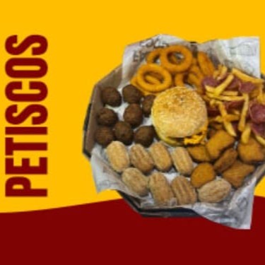 08 Mini Kibe 08 Nuggets 08 Anéis de Cebola 08 Mini Churros 01 Super Cheddar Batata Média com Calabresa