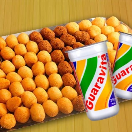 50 salgadinhos fritos, sabores variados e 2 guaravitas     sabores - frango, queijo, queijo com presunto, carne, kibe