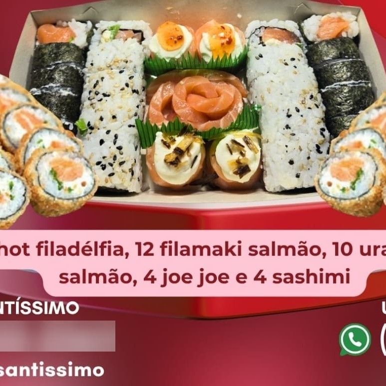 28 hot salmão filadélfia, 12 filamaki salmão, 10 uramaki salmão, 4 joe joe e 4 sashimis. Total 58 peças!