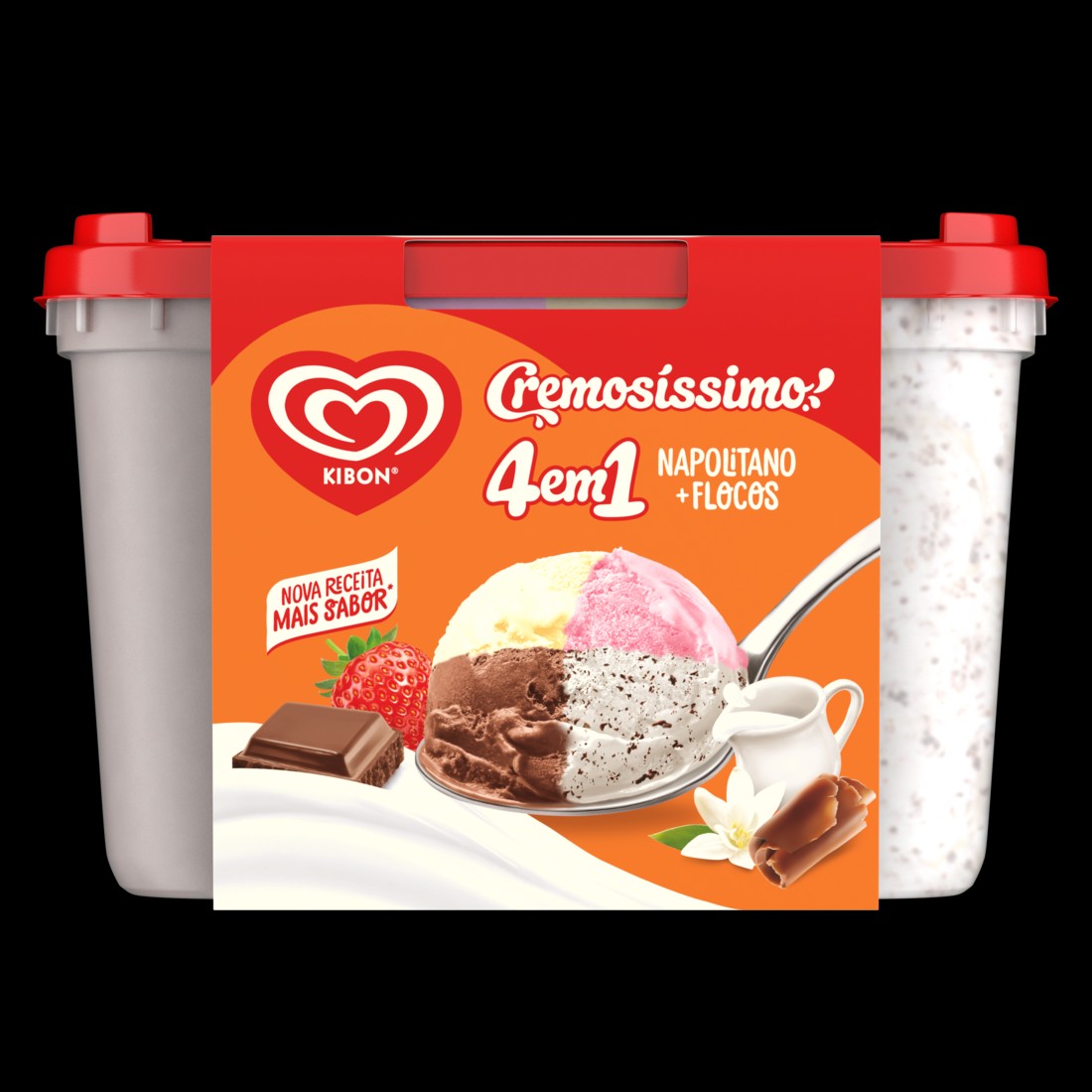 Para agradar todo mundo, agora tem sorvete de morango, baunilha, chocolate e flocos no mesmo pote. São os seus sabores preferidos bem juntinhos!