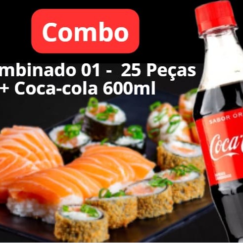 25 peças: 5 Sashimi Salmão, 5 Makimono Philadelphia, 5 Sushi Salmão, 5 Nikit San, 5 Hot Philadelphia.  Uma seleção especial para quem ama variedade e qualidade na hora de pedir comida japonesa! O Combinado 01 traz 25 peças fresquinhas e saborosas, preparadas com ingredientes selecionados, garantindo uma experiência completa e deliciosa. E para completar, uma Coca-Cola de 600ml bem gelada, ideal para acompanhar e equilibrar os sabores do seu combinado. Perfeito para um jantar especial, dividir com alguém ou simplesmente se presentear com um momento de prazer gastronômico!  #Combinadojapones #Sushilovers #Comidajaponesa #Cocacolagelada #Sashimi #Hotphiladelphia #Makimono #Delive