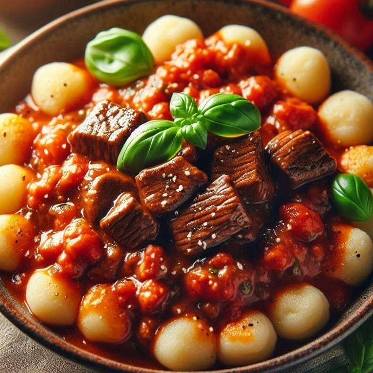 Gnocchi macio servido com ragu de filé ao molho pomodoro, finalizado com manjericão fresco. Acompanhado de uma sobremesa especial para completar a experiência!  Comida Italiana, Massas Artesanais, Culinária Italiana, Penne, Espaguete, Gnocchi, Risoto De Salmão, Polenta Italiana, Frango Parmegiana, Salmão Grelhado, Batata Frita, Coca Cola, Guaraná Antártica, Entrega Gratis.