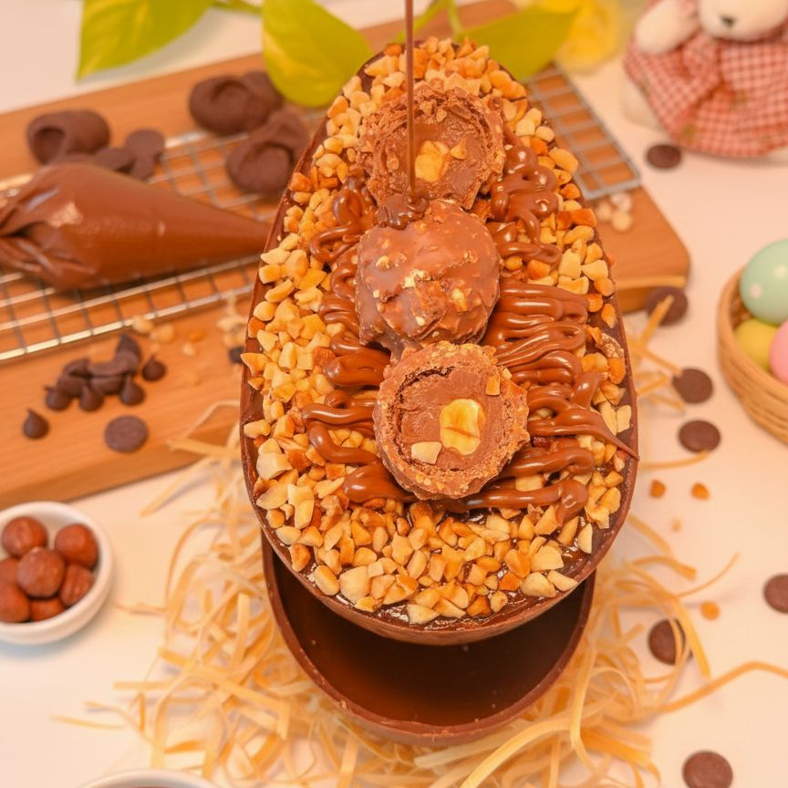 Casca chocolate 40% recheada de brigadeiro tradicional, nutella pura, avelã e bombom Ferrero Rocher, finalizado com avelã triturada, nutella pura e mais bombom Ferrero Rocher *peso final aproximado 400 gramas