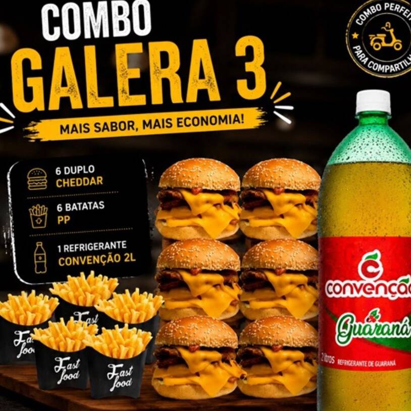 6 duplo cheddar, 6 batatas pp e 1 convenção 2l
Pão, molho verde, duas carnes, queijo cheddar e bacon