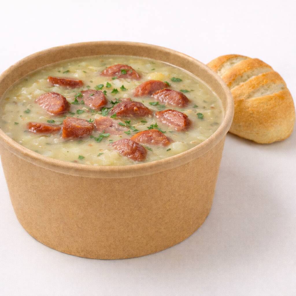 Caldo de batata com couve e calabresa com deliciosa mussarela derretida no meio. Acompanha torradas.