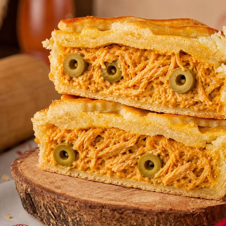 Massa artesanal dourada e amanteigada, recheada com frango desfiado super cremoso e azeitonas, que derrete a cada mordida. Um empadão de 500 g, muito recheado e irresistivelmente saboroso.