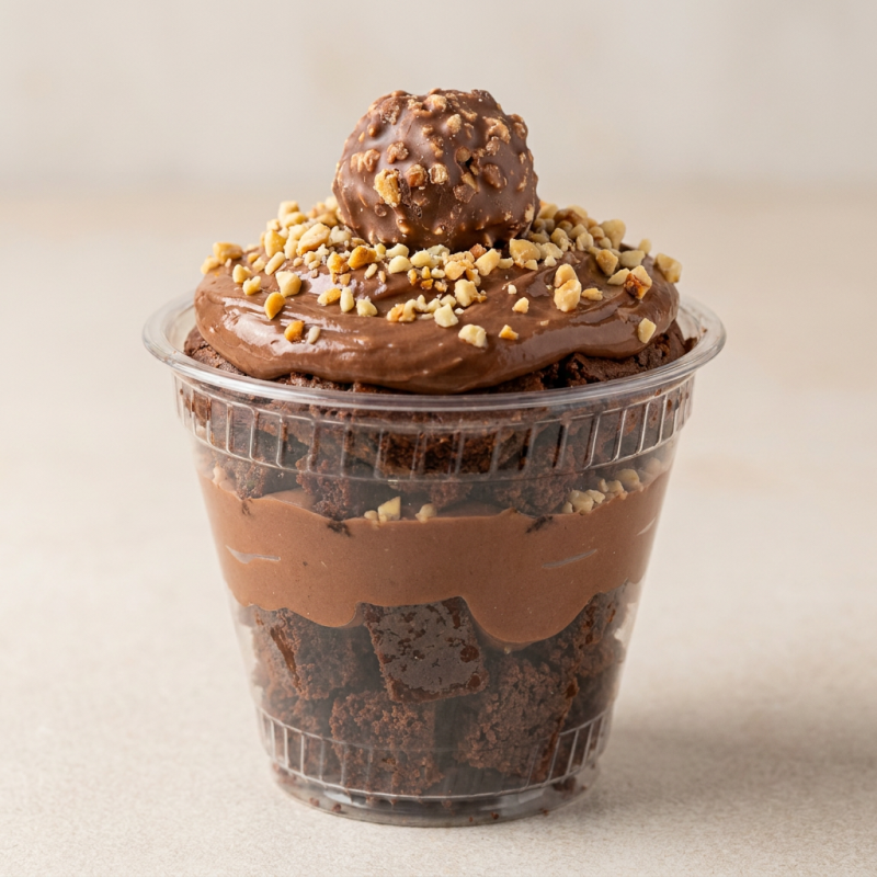 Ganache ao leite, brownies e nosso incrível creme ferrero.