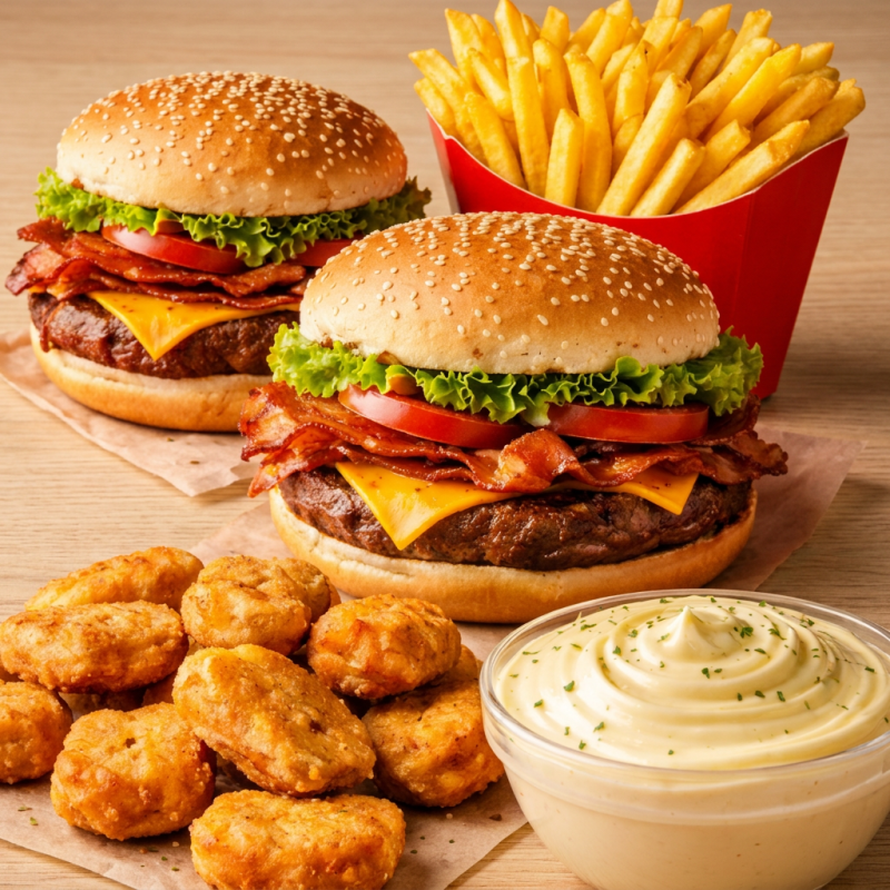 Aprecie três burgers suculentos com cream cheese, porção de batata e Nuggets. Uma experiência gastronômica que une tradição e sabor em cada mordida.