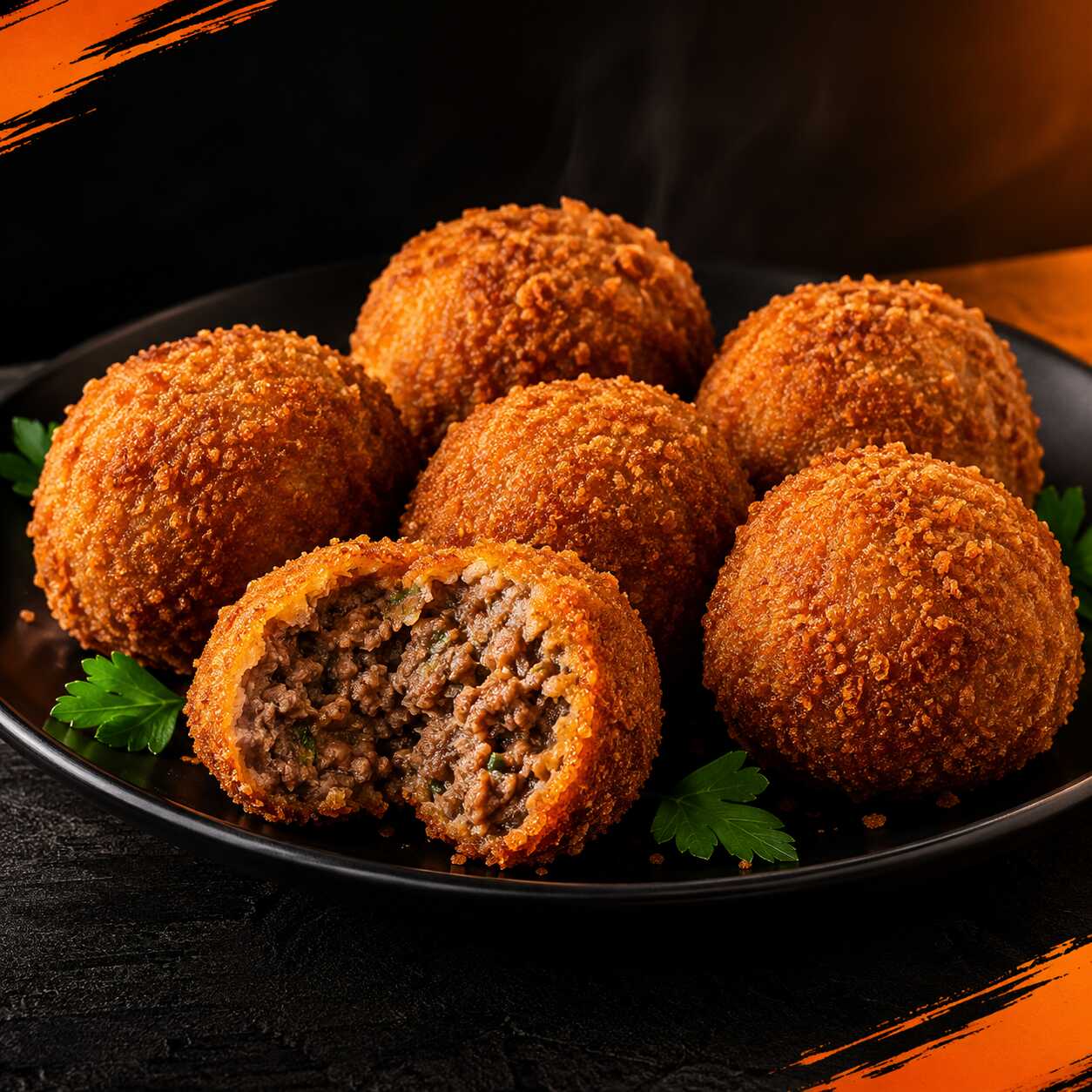 Bolinhos artesanais de carne, preparados com carne bem temperada, empanados caprichosamente e fritos até ficarem douradinhos, sequinhos e super crocantes por fora, com aquele recheio macio e suculento por dentro! 🥩✨