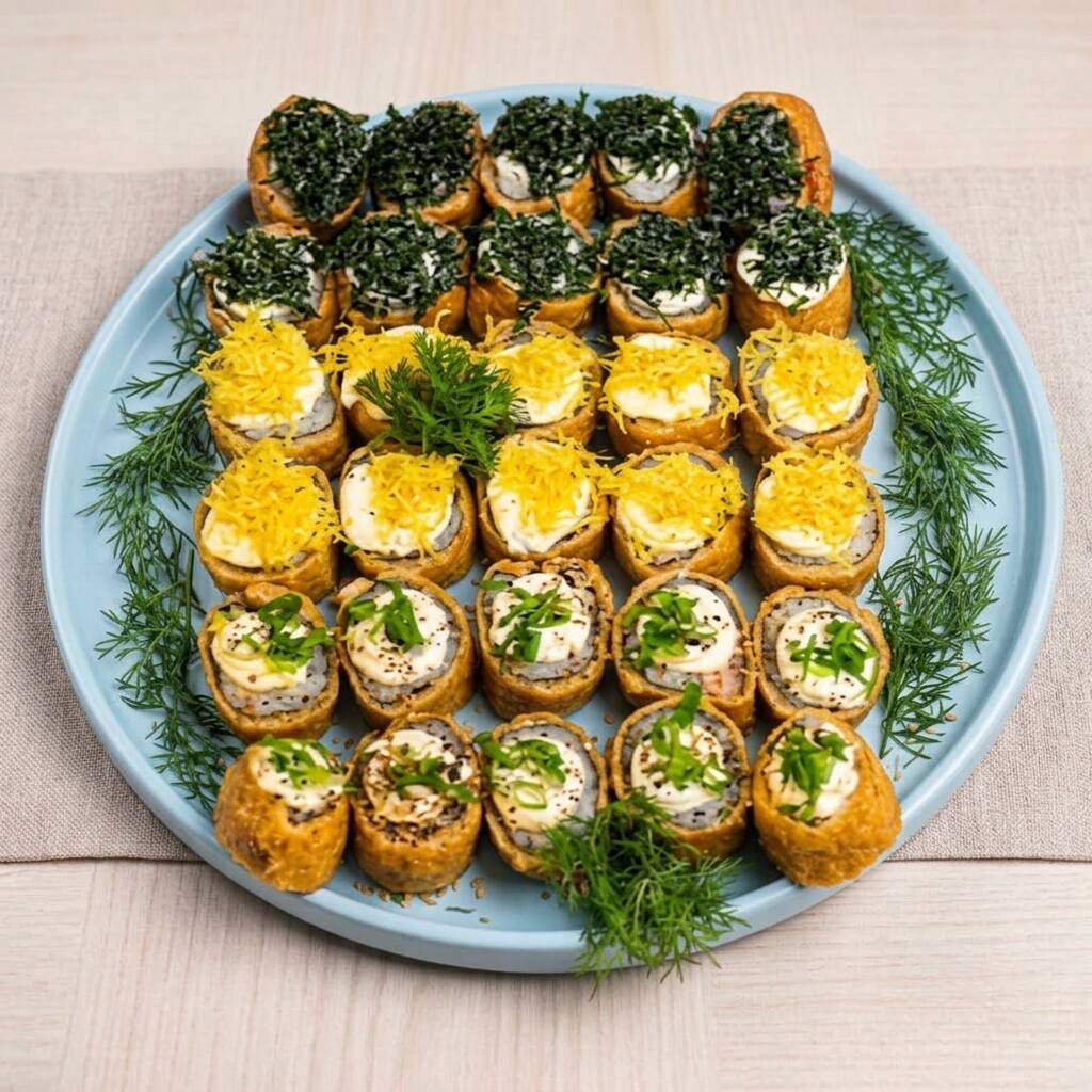10 hot rolls tradicionais de cream cheese, 10 hot rolls de batata crispy, 10 hot rolls de couve crispy. Acompanha 2 hashis, 2 saches de molho shoyo e 2 saches de tarê.