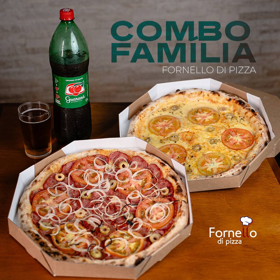 São 2 pizzas grandes de 8 pedaços, sendo um sabor de calabresa e de mussarela mais um guaraná de 1,5l.