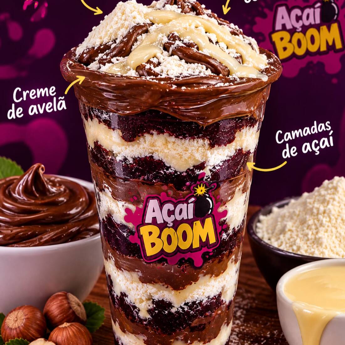 Delicioso açaí acompanhado com bordas de creme de avelã e gotas de chocolate
