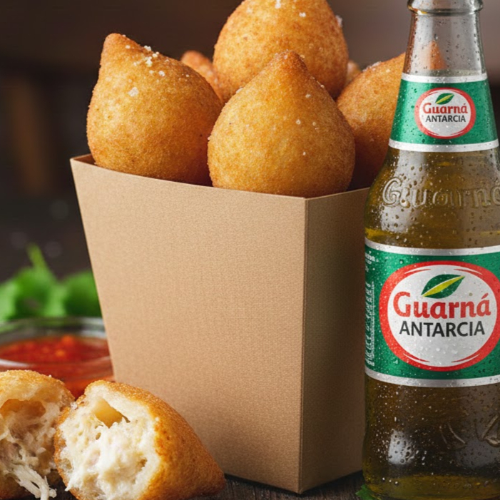 Baldinho com 8 mini coxinhas de aproximadament 22g por unidade + 1 refrigerante 200 ml