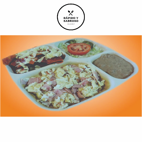 HUEVO CON JAMON+ CHILAQUILES ROJOS+ BEBIDA 1L