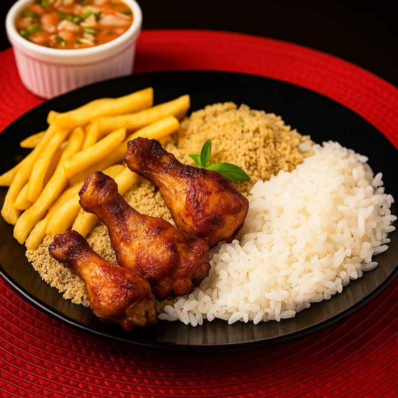 Delicioso Completo, composto por Arroz, farofa, batata frita, vinagrete e 3 Drumets na brasa bem temperados( Serve bem 1 pessoa)