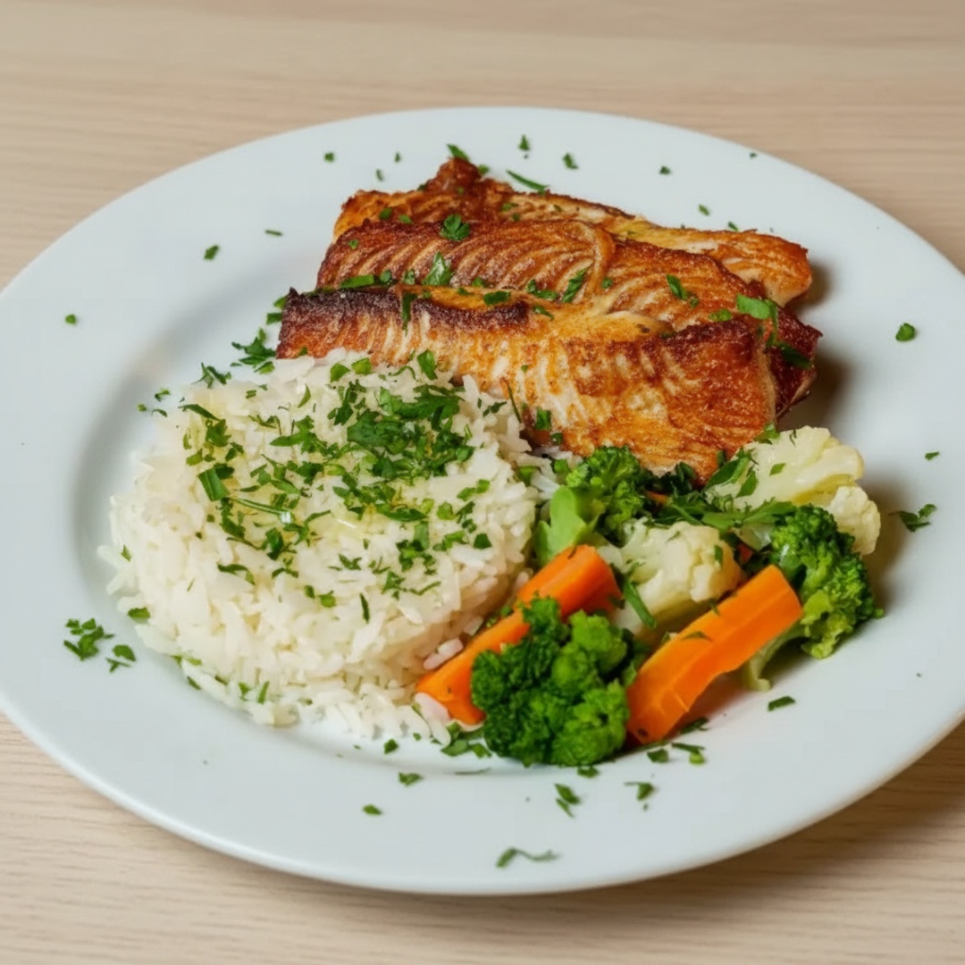 Acompanha arroz branco e legumes