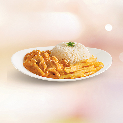 Delicioso estrogonofe de frango com arroz e fritas.