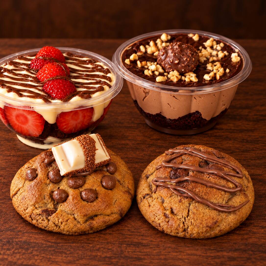Escolha 2 Cookies Clássicos de aproximadamente 70g cada + 1 Copo de aproximadamente 220g à sua escolha.
Uma combinação perfeita. 🥄 🤎🍪