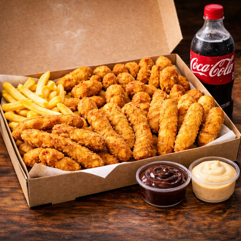200g batata frita, 200g nuggets, 200g isca de frango, 200g isca de peixe, 1 molho, Coca-Cola 1L.
