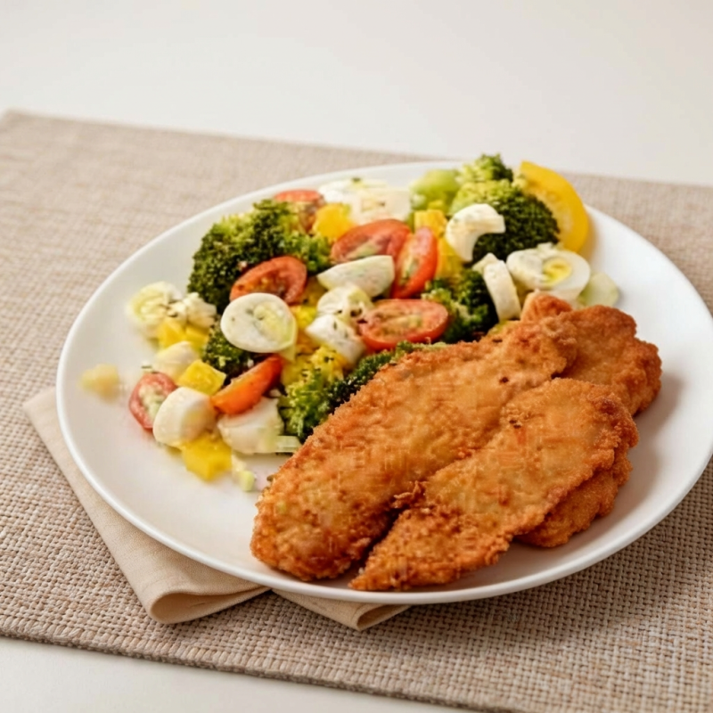 Acompanha: salada, Brócolis. E batatas coradas.