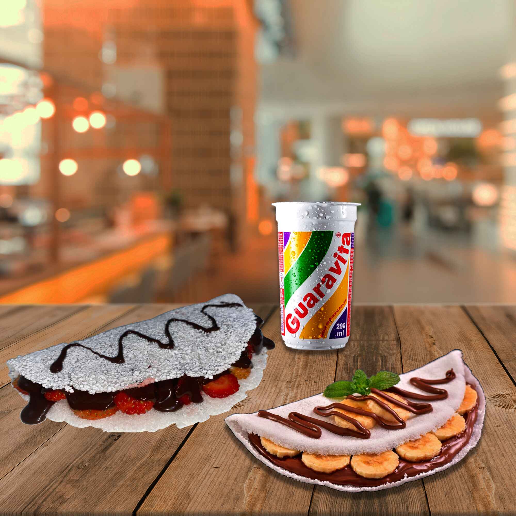 Tapioca com bananas fresquinhas combinadas com Nutella cremosa, uma mistura que agrada todo mundo junto com uma Tapioca de Morangos fresquinhos cortados juntinhos com uma Nutella cremosa.