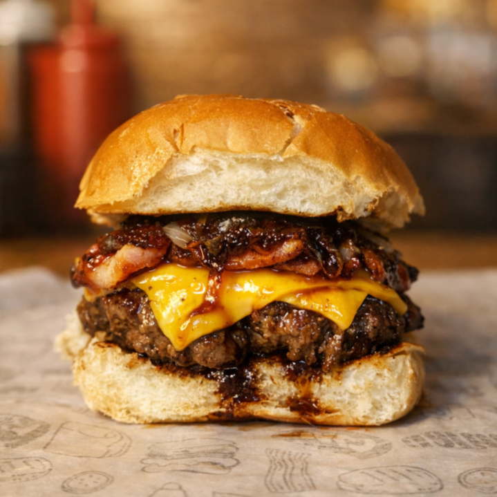 Pão de brioche, blend de 120g, cheddar, cebola caramelizada e bacon.